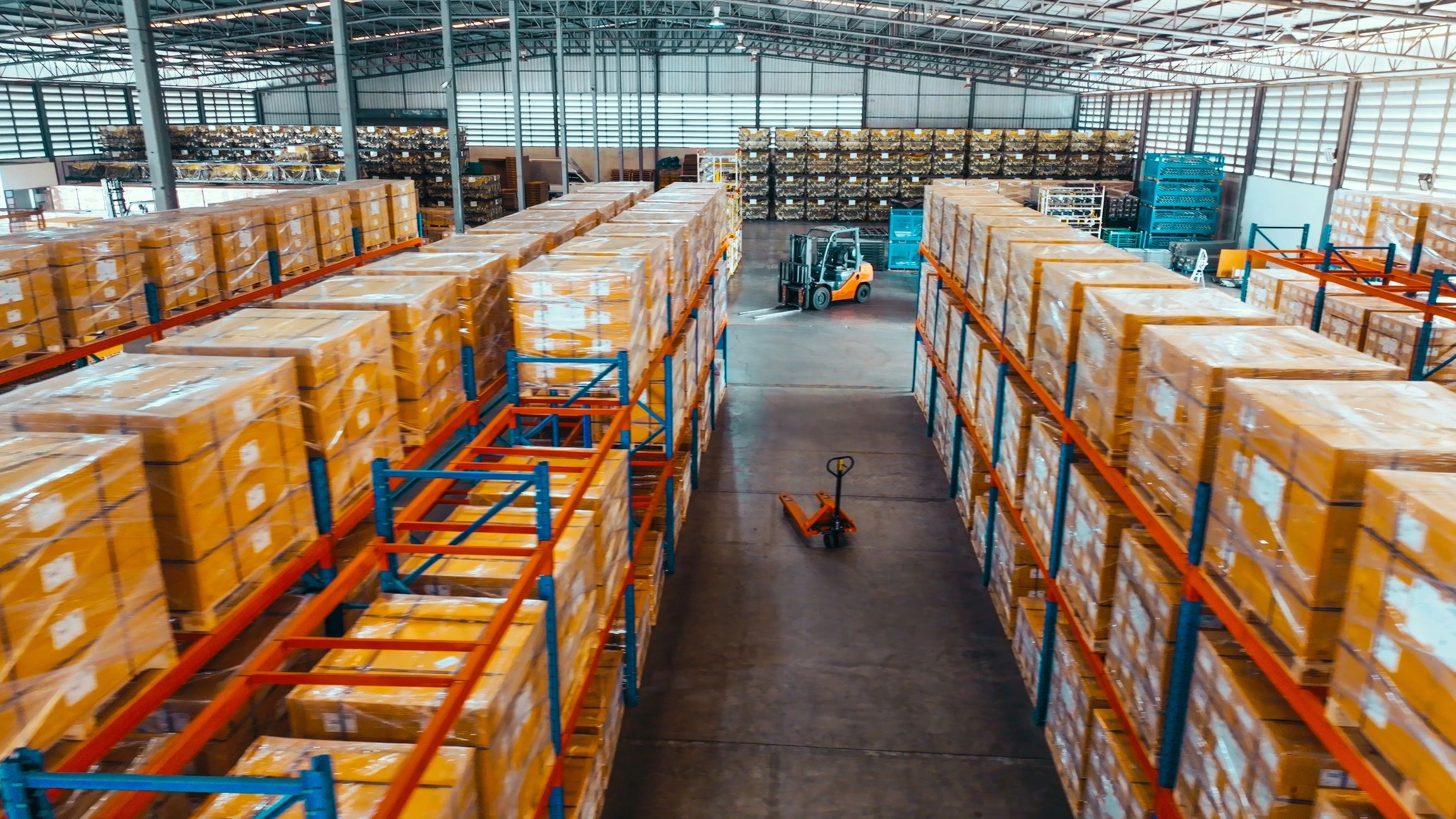 Warehouse shelves with packaged goods ready for shipment